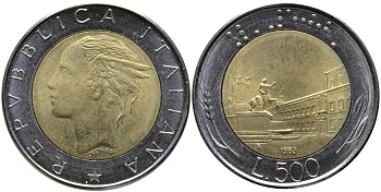 ИТАЛИЯ 500 ЛИР 1983 R KM 111 биметалл UNC 98-212