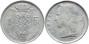 БЕЛЬГИЯ 1 ФРАНК 1978 BELGIQUE KM 142.1 медно-никель 4379-1232