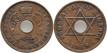 Нигерия 1 пенни 1959 Елизавета II (1952-), Британский протекторат KM 2 бронза 51-2955