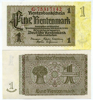 Германия 1 рентенмарка 1937 30 января 1937, восемь цифр в номере, серия G Pick 173b, Rosenberg 166b бумага UNC (пресс) 450-30-1