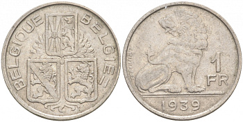 БЕЛЬГИЯ 1 ФРАНК 1939 BELGIE-BELGIQUE KM 120 никель 68-232