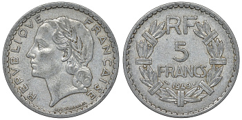 Франция 5 франков 1949 closed 9 KM 888b.1, Le Franc 339.17 алюминий 4123-535