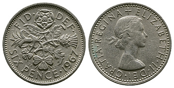 Великобритания 6 пенсов 1967 Елизавета II (1952-2022) KM 903, Spink 4149 медно-никель 4381-859