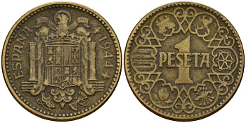 Испания 1 песета 1944 Национальное правительство (1939-1947) KM 767 алюминиевая бронза 4189-711