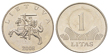 Литва 1 лит 2008 KM 111 медно-никель UNC 4624-716