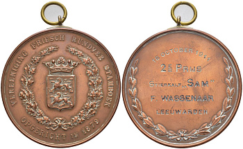 Нидерланды медаль 1911 от ассоциации фризской породы крупного рогатого скота, основанной в 1879 году, второй приз бычку по кличке "SAM" 18 октября 1911 года, диаметр 50 мм., с ушком для ношения  бронза   00-00
