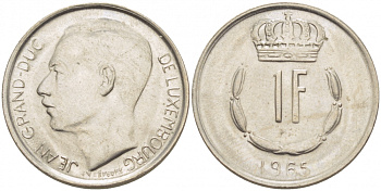 ЛЮКСЕМБУРГ 1 ФРАНК 1965 ПЕРВЫЙ ГОД KM 55 медно-никель UNC 77-837