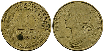 Франция 10 сантимов 1986 тип Marianne KM 929 алюминиевая бронза 4136-426