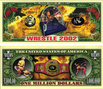 США 1000000 ДОЛЛАРОВ 2002 СУВЕНИРНАЯ БАНКНОТА, СПОРТИВНАЯ СЕРИЯ, АМЕРИКАНСКИЙ РЕСЛИНГ, ВЕРСИЯ ААС, ЧЕМПИОНСКИЙ ПОЯС ААС бумага UNC (ПРЕСС) 7198-37-4-1