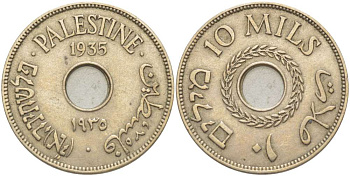 Израиль, Палестина 10 милсов 1935 Британская администрация, редкий год KM 4 медно-никель 4185-1223