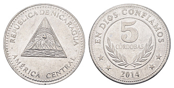 Никарагуа 5 кордоб 2014 KM 90a сталь плакированная никелем 4663-724