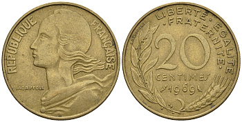 Франция 20 сантимов 1969 тип Marianne KM 930 медь алюминий никель 85-116