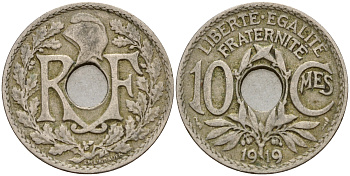 Франция 10 сантимов 1919 тип Линдайё KM 866a медно-никель    4601-914