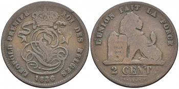 БЕЛЬГИЯ 2 САНТИМА 1836 BELGES KM 4.2 медь 4448-644