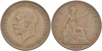 Великобритания 1 пенни 1929 Георг V (1910-1936) KM 838, Spink 4055 бронза 4403-643