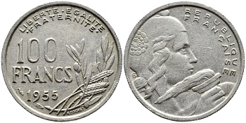 ФРАНЦИЯ 100 ФРАНКОВ 1955 KM 919.1 медно-никель 4393-1215