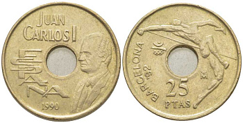 ИСПАНИЯ 25 ПЕСЕТ 1990 ОЛИМПИЙСКИЕ ИГРЫ В БАРСЕЛОНЕ 1992 ГОДА, ПРЫЖКИ В ВЫСОТУ, ХУАН КАРЛОС I (1975-) KM 851 никель бронза 117-153