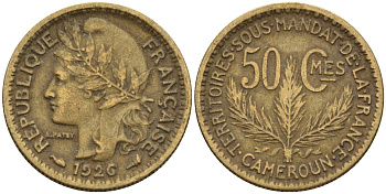 Камерун 50 сантимов 1926 (a), мондвор Париж KM 1 алюминиевая бронза 4169-1124