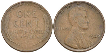США 1 ЦЕНТ 1936 ЛИНКОЛЬН KM 132 бронза 3309-431