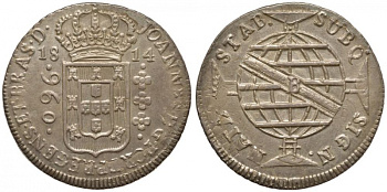 Бразилия 960 рейс 1814 В, монетный двор Бахия (Bahia), перечекан, патина, Жоао принц-регент (1799-1818) KM 307.1 серебро 00-815-17