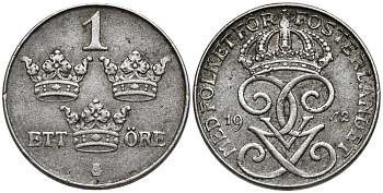 Швеция 1 эре 1942 Густав V (1907-1950) KM 810 железо 4549-1068