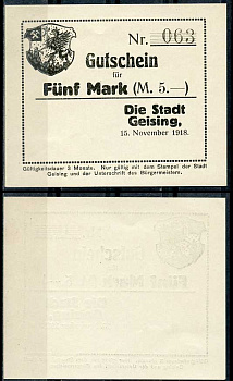 Германия, Гайзинг 5 марок 1918 нотгельд, 15.11.1918 Geiger 169.02.b бумага UNC (пресс) 444-62-2-2