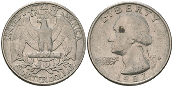 США 25 центов = квотер 1987 P, Вашингтон KM 164a медь плакированная медно-никелем 4595-1226