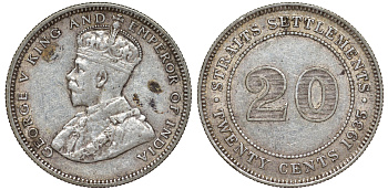 Стрейтс-Сетлментс 20 центов 1935 Георг V (1910-1936) КМ 30b серебро 53-832