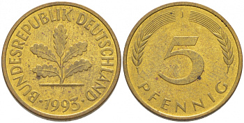 ФРГ 5 ПФЕННИГОВ 1993 J KM 107, J. 382 сталь плакированная латунью 4396-1657