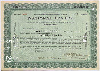 США 100 акций 1929 Национальная чайная компания (NATIONAL TEA CO.)   бумага   5547-6-1-1
