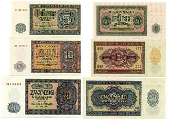 ГДР НАБОР ИЗ 5 БАНКНОТ 1955 ПОЛНЫЙ КОМПЛЕКТ (5, 10, 20, 50, 100 МАРОК), 20 МАРОК аUNC Pick 17, 18а, 19а, 20а, 21, Rosenberg 349a, 350a, 351a, 352a, 353a бумага UNC (ПРЕСС) 8613-9-1