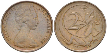 АВСТРАЛИЯ 2 ЦЕНТА 1968 ЕЛИЗАВЕТА II (1953-), ЕЛИЗАВЕТА II, МОЛОДОЙ ПОРТРЕТ, ПЛАЩЕНОСНАЯ ЯЩЕРИЦА (FRILLED LIZARD) KM 63 бронза 4519-434
