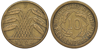 Германия 10 рентенпфеннигов 1924 J KM 33, J. 309, Weege 8 алюминиевая бронза 4163-223