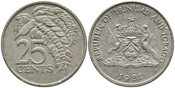 Тринидад и Тобаго 25 центов 1981 цветок дикая пуансеттия KM 32 медно-никель 4396-761
