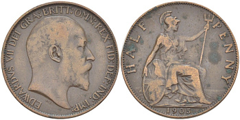 Великобритания 1/2 пенни 1905 Эдуард VII (1901-1910) KM 793.2, Spink 3991 бронза 176-254