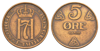 Норвегия 5 эре 1938 Хокон VII (1905-1957) KM 368 бронза 4635-531