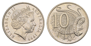 Австралия 10 центов 1999 Елизавета II (1952-2022), птица лирахвост KM 402 медно-никель 4384-333