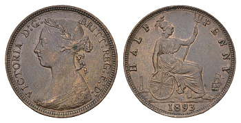 Великобритания 1/2 пенни 1893 Виктория (1837-1901) KM 754, Spink 3956 бронза 1519-133