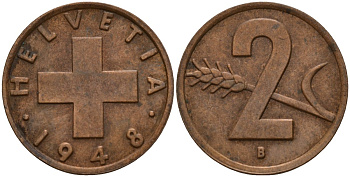 Швейцария 2 раппена 1948 B KM 47 бронза 4189-321