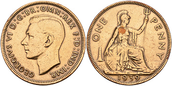 Великобритания 1 пенни 1939 Георг VI (1936-1952) KM 845, Spink 4114 бронза    4149-426