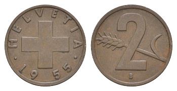 Швейцария 2 раппена 1955 B KM 47 бронза 4630-742