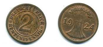 ГЕРМАНИЯ 2 РЕНТПФЕННИГА 1924 G J 307, KM 31 бронза 46-1257