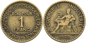 Франция 1 франк 1922 KM 876, Le Franc 218.5 алюминиевая бронза 4142-623