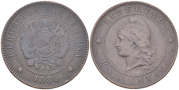 Аргентина 1 сентаво 1886 KM 32 бронза 4620-925