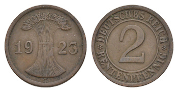 Германия 2 рентенпфеннига 1923 G KM 31, J.307, Weege 3 медь 4639-1232