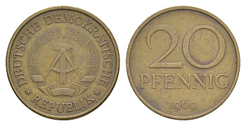 ГДР 20 пфеннигов 1969 А, первый год KM 11 латунь 4629-531
