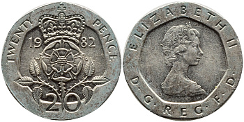 Великобритания 20 пенсов 1982 Елизавета II (1952-2022) KM 931, Spink 4230 (G1) медно-никель 4393-317