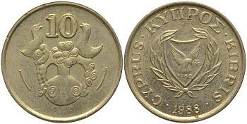 КИПР 10 ЦЕНТОВ 1988 ВАЗА С ПТИЧКАМИ KM 56.2 никель латунь 181-516