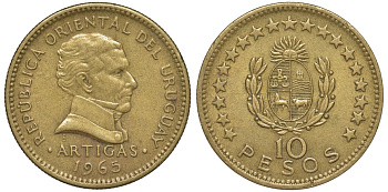 Уругвай 10 песо 1965 KM 48 алюминиевая бронза 4574-126