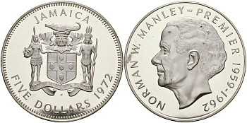 Ямайка 5 долларов 1971 Норман Менли (1893-1969) KM 58 серебро PROOF 11-181-23